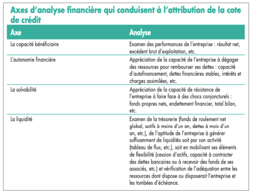 Axes d'analyse financière qui conduisent à l'attribution de la cote de crédit