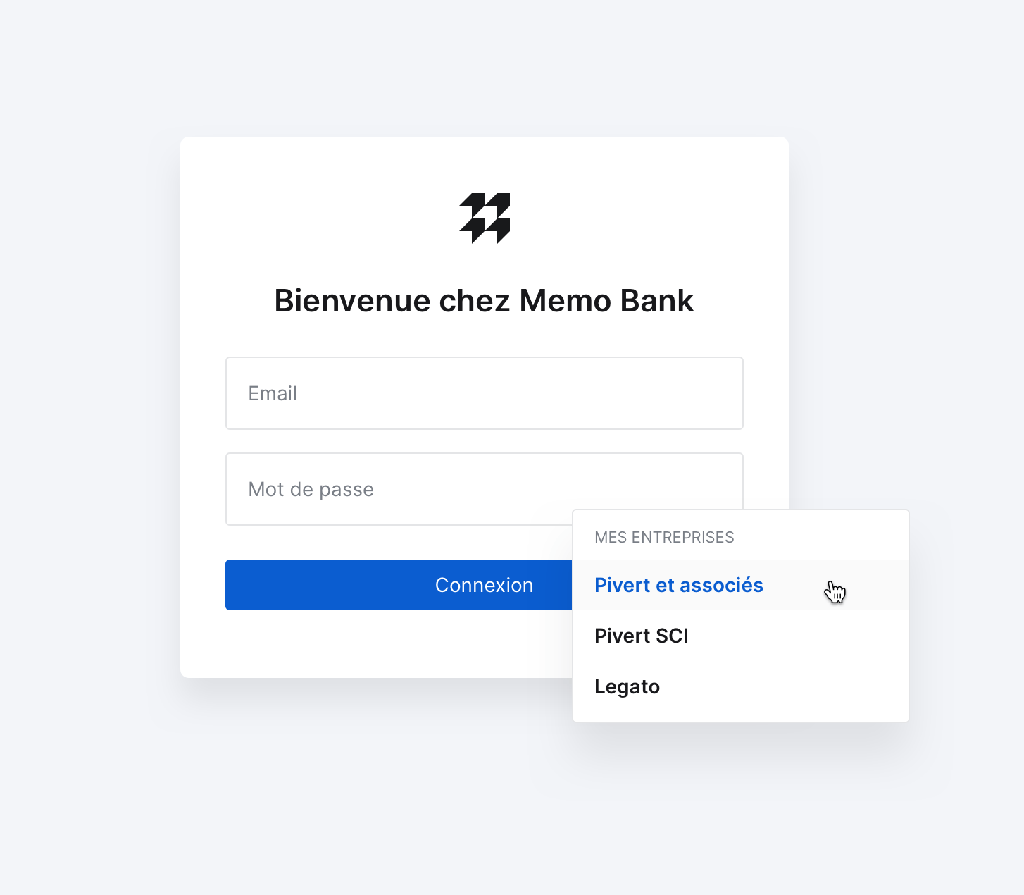 Le choix se fait au moment de l’authentification, l'utilisateur pourra choisir vers quel compte il s'oriente et de façon très simple, Memo Bank
